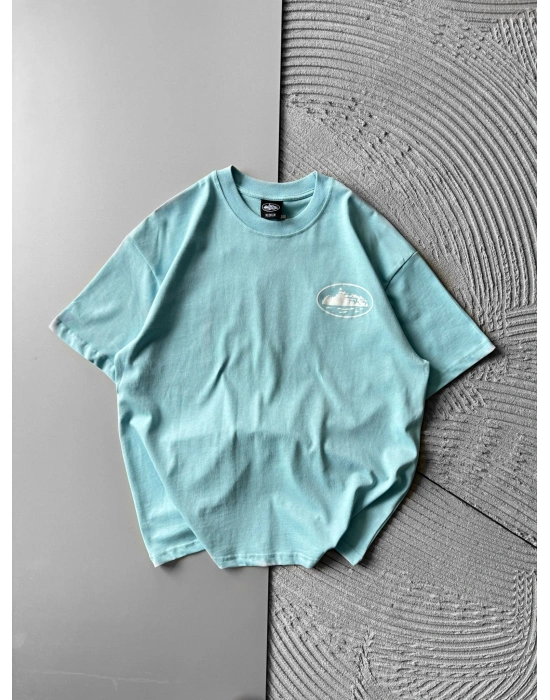 BİSİKLET YAKA CORTEZ BASKI OVERSİZE TSHİRT MAVİ