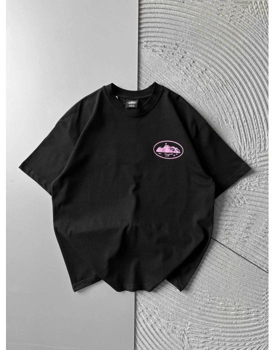 BİSİKLET YAKA CORTEZ BASKI OVERSİZE TSHİRT SİYAH