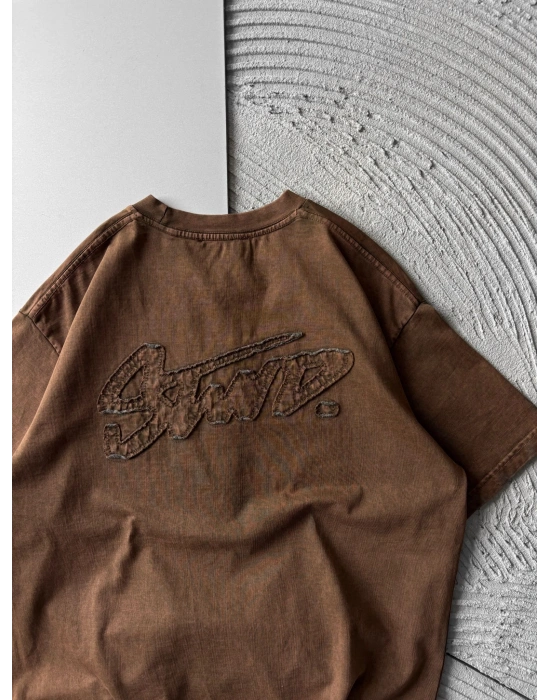 BİSİKLET YAKA YIKAMALI KABARTMA NAKIŞLI OVERSİZE TSHİRT KAHVE