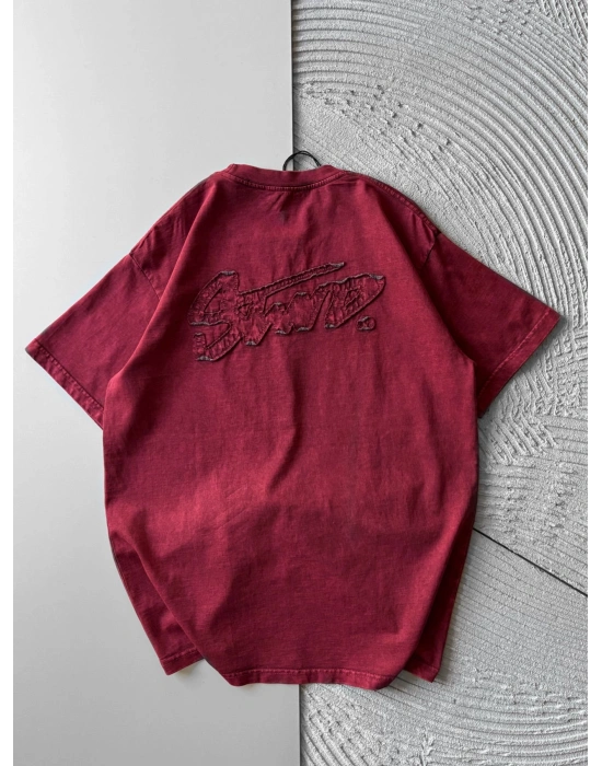 BİSİKLET YAKA YIKAMALI KABARTMA NAKIŞLI OVERSİZE TSHİRT KIRMIZI