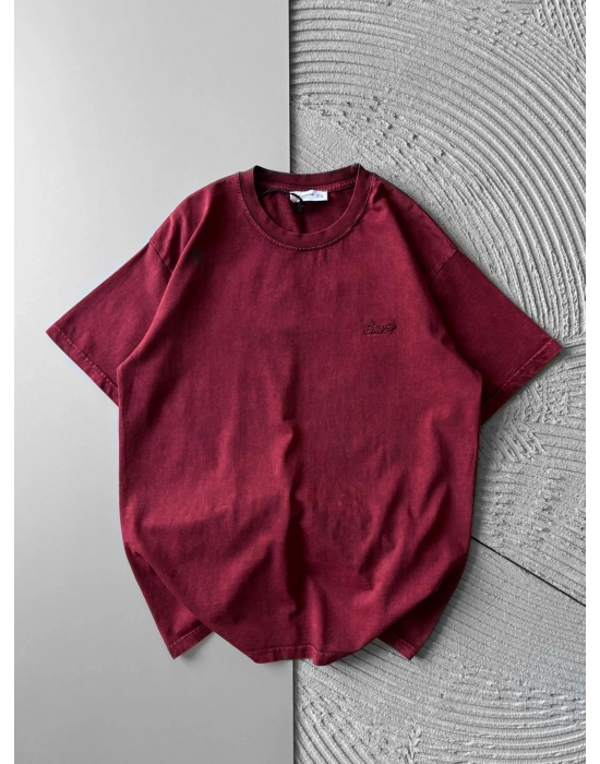 BİSİKLET YAKA YIKAMALI KABARTMA NAKIŞLI OVERSİZE TSHİRT KIRMIZI