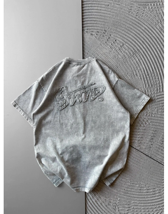 BİSİKLET YAKA YIKAMALI KABARTMA NAKIŞLI OVERSİZE TSHİRT GRİ