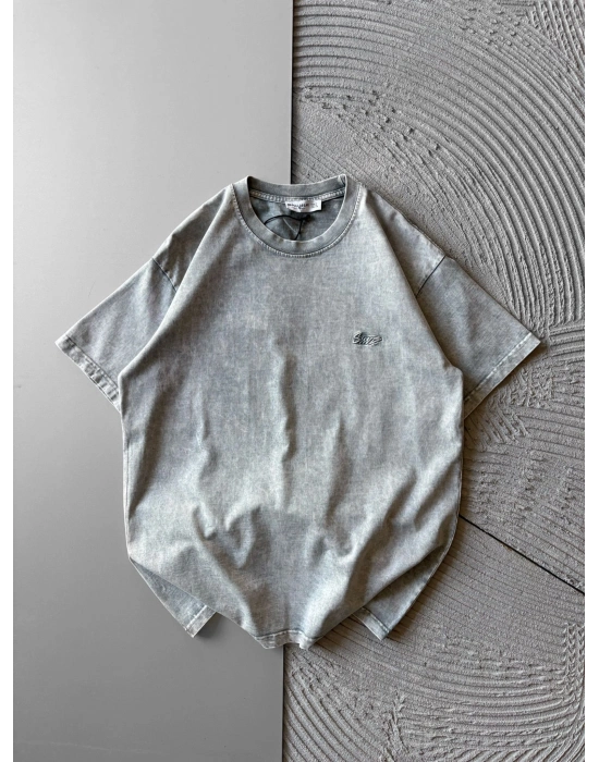 BİSİKLET YAKA YIKAMALI KABARTMA NAKIŞLI OVERSİZE TSHİRT GRİ