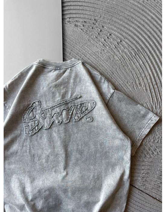 BİSİKLET YAKA YIKAMALI KABARTMA NAKIŞLI OVERSİZE TSHİRT GRİ