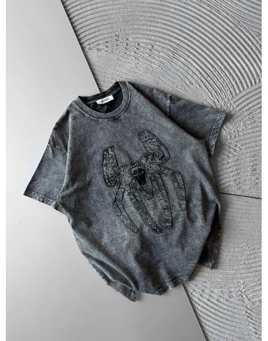 BİSİKLET YAKA YIKAMALI KABARTMA NAKIŞLI OVERSİZE TSHİRT  GRİ