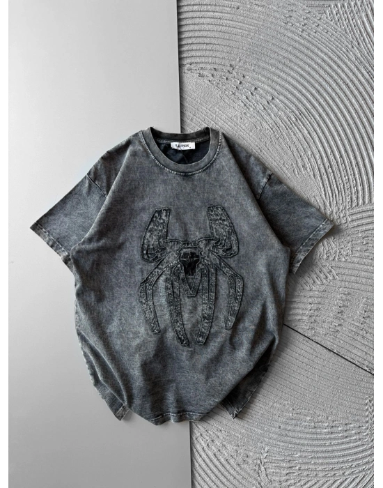 BİSİKLET YAKA YIKAMALI KABARTMA NAKIŞLI OVERSİZE TSHİRT  GRİ