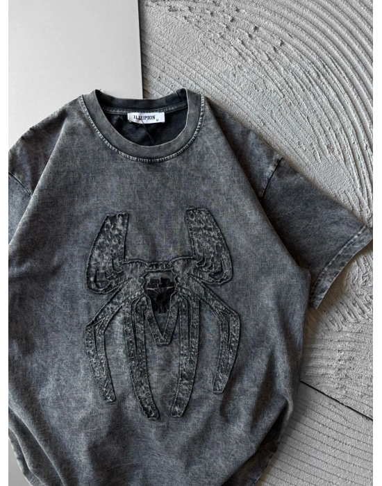 BİSİKLET YAKA YIKAMALI KABARTMA NAKIŞLI OVERSİZE TSHİRT  GRİ