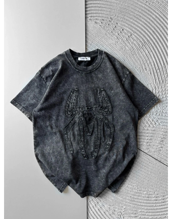 BİSİKLET YAKA YIKAMALI KABARTMA NAKIŞLI OVERSİZE TSHİRT ANTRASİT