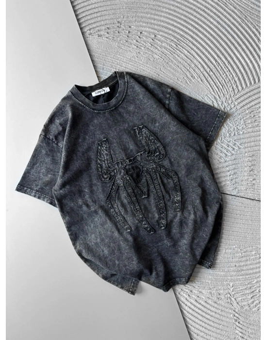 BİSİKLET YAKA YIKAMALI KABARTMA NAKIŞLI OVERSİZE TSHİRT ANTRASİT