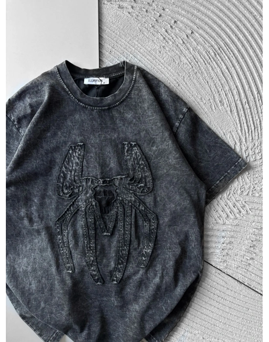 BİSİKLET YAKA YIKAMALI KABARTMA NAKIŞLI OVERSİZE TSHİRT ANTRASİT