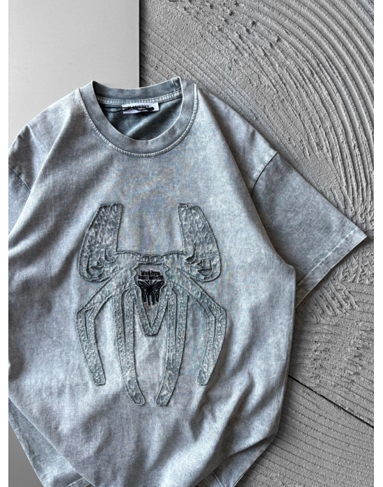 BİSİKLET YAKA YIKAMALI KABARTMA NAKIŞLI OVERSİZE TSHİRT KİREÇ