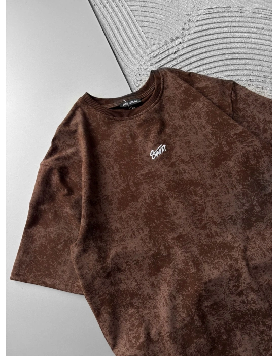 BİSİKLET YAKA YIKAMALI 2 İPLİK KUMAS STW OVERSİZE TSHİRT KAHVE