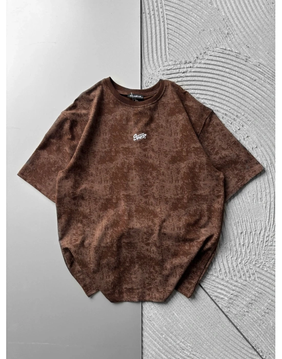 BİSİKLET YAKA YIKAMALI 2 İPLİK KUMAS STW OVERSİZE TSHİRT KAHVE