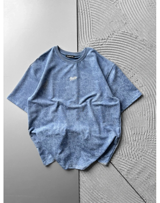 BİSİKLET YAKA YIKAMALI 2 İPLİK KUMAS STW OVERSİZE TSHİRT MAVİ
