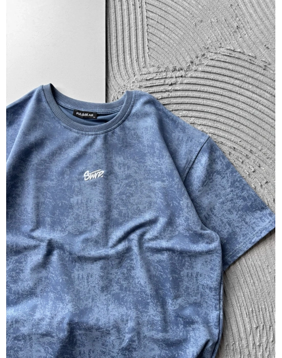 BİSİKLET YAKA YIKAMALI 2 İPLİK KUMAS STW OVERSİZE TSHİRT MAVİ