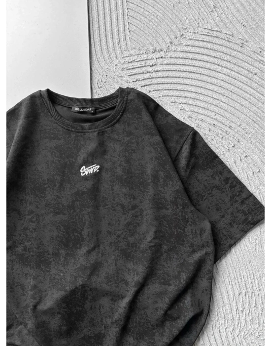 BİSİKLET YAKA YIKAMALI 2 İPLİK KUMAS STW OVERSİZE TSHİRT SİYAH