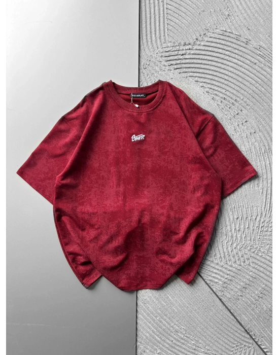 BİSİKLET YAKA YIKAMALI 2 İPLİK KUMAS STW OVERSİZE TSHİRT KIRMIZI