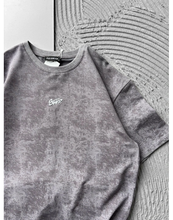 BİSİKLET YAKA YIKAMALI 2 İPLİK KUMAS STW OVERSİZE TSHİRT GRİ