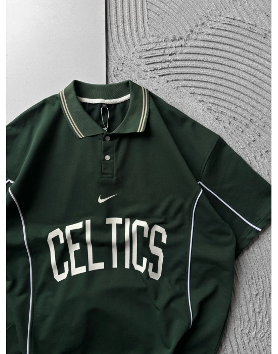 POLO YAKA YANDAN BİYELİ CELTİC NAKIŞLI OVERSİZE TSHİRT YEŞİL