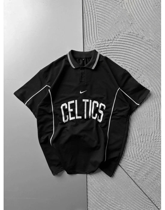 POLO YAKA YANDAN BİYELİ CELTİC NAKIŞLI OVERSİZE TSHİRT SİYAH