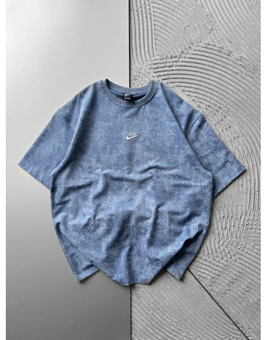 BİSİKLET YAKA YIKAMALI 2 İPLİK KUMAS NKE OVERSİZE TSHİRT MAVİ