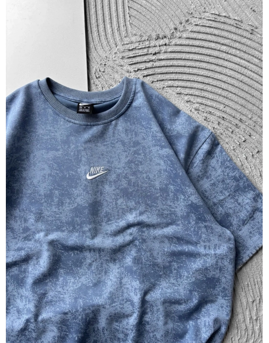 BİSİKLET YAKA YIKAMALI 2 İPLİK KUMAS NKE OVERSİZE TSHİRT MAVİ