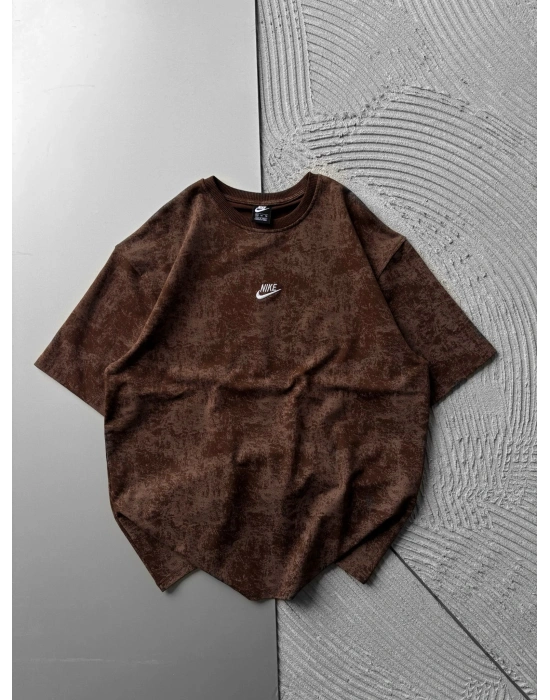 BİSİKLET YAKA YIKAMALI 2 İPLİK KUMAS NKE OVERSİZE TSHİRT KAHVE