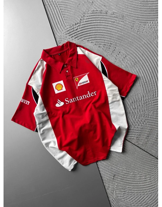 POLO YAKA 2 İPLİK KUMAS SANTANDER BASKI OVERSİZE TSHİRT KIRMIZI