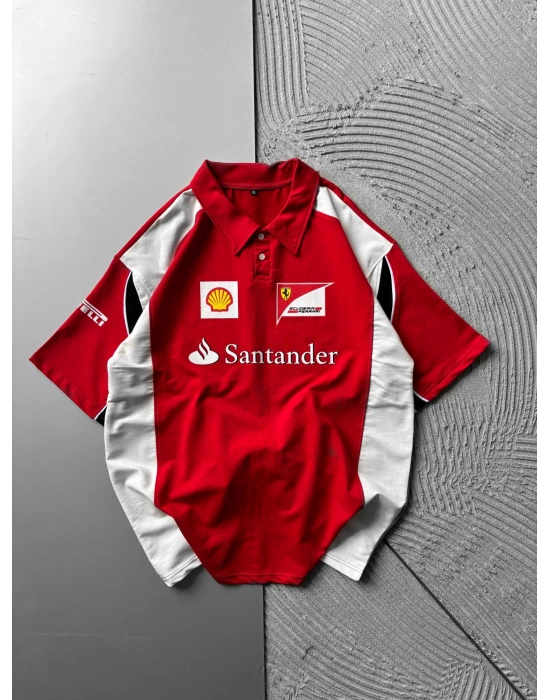 POLO YAKA 2 İPLİK KUMAS SANTANDER BASKI OVERSİZE TSHİRT KIRMIZI