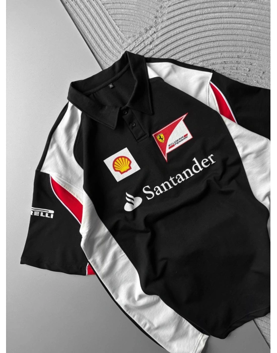 POLO YAKA 2 İPLİK KUMAS SANTANDER BASKI OVERSİZE TSHİRT SİYAH