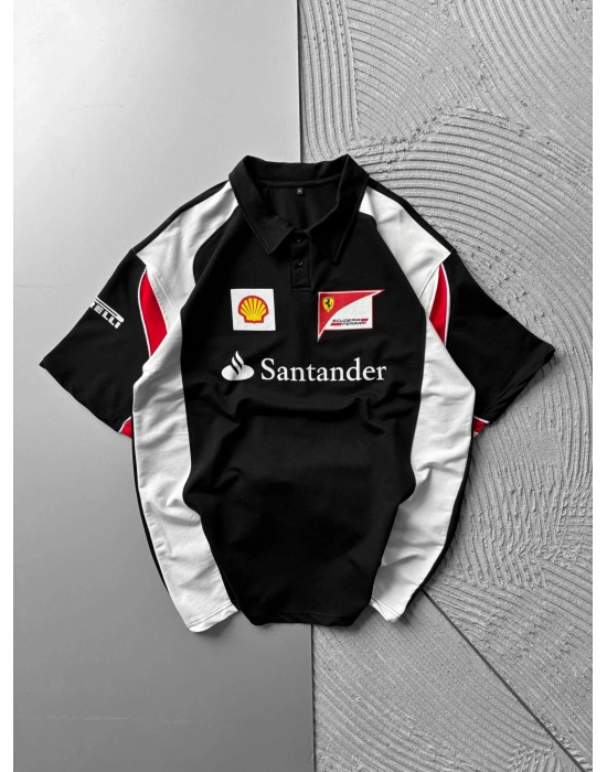 POLO YAKA 2 İPLİK KUMAS SANTANDER BASKI OVERSİZE TSHİRT SİYAH