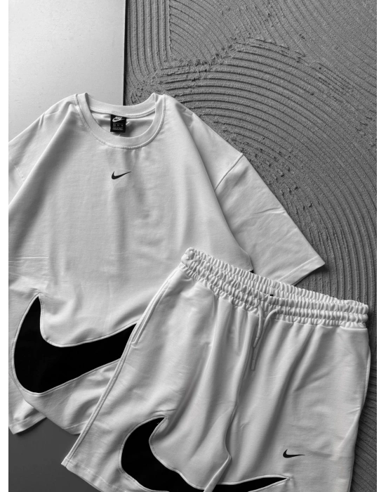 BİSKLET YAKA 2 İPLİK KUMAS NK NAKIŞLI ŞORTLU TAKIM BEYAZ