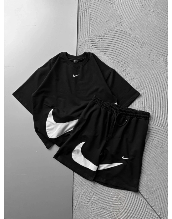 BİSKLET YAKA 2 İPLİK KUMAS NK NAKIŞLI ŞORTLU TAKIM SİYAH