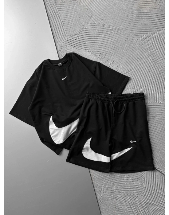 BİSKLET YAKA 2 İPLİK KUMAS NK NAKIŞLI ŞORTLU TAKIM SİYAH