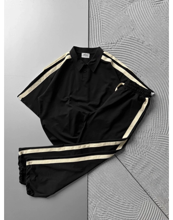 POLO YAKA 2 İPLİK KUMAS BASİC KOL HASIR SERİT TSHİRT TAKIM SİYAH