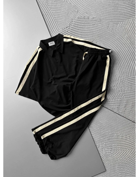 POLO YAKA 2 İPLİK KUMAS BASİC KOL HASIR SERİT TSHİRT TAKIM SİYAH