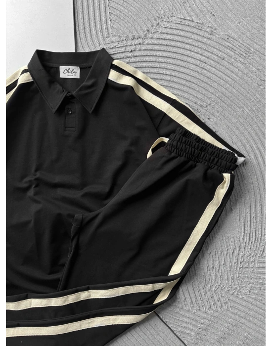 POLO YAKA 2 İPLİK KUMAS BASİC KOL HASIR SERİT TSHİRT TAKIM SİYAH