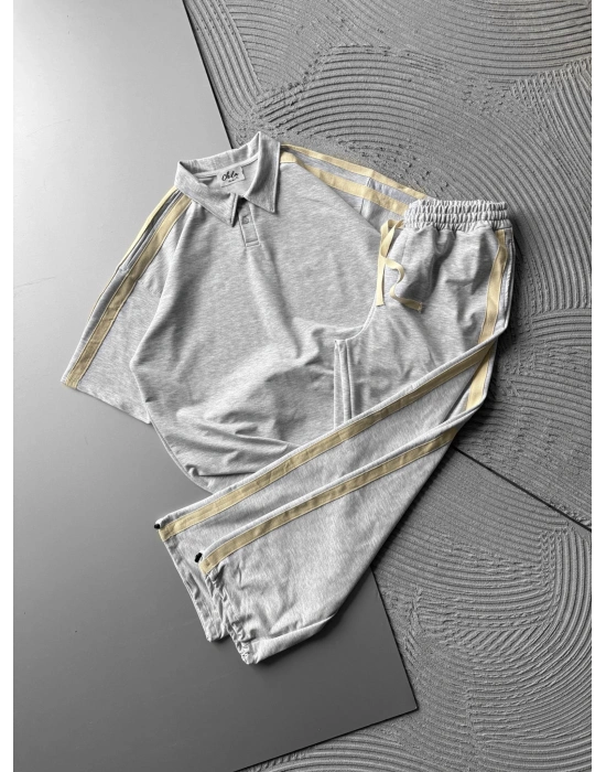 POLO YAKA 2 İPLİK KUMAS BASİC KOL HASIR SERİT TSHİRT TAKIM GRİ