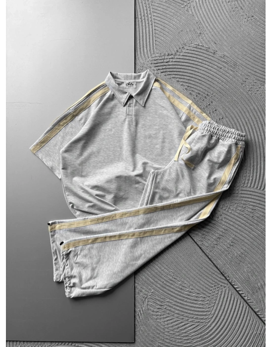 POLO YAKA 2 İPLİK KUMAS BASİC KOL HASIR SERİT TSHİRT TAKIM GRİ