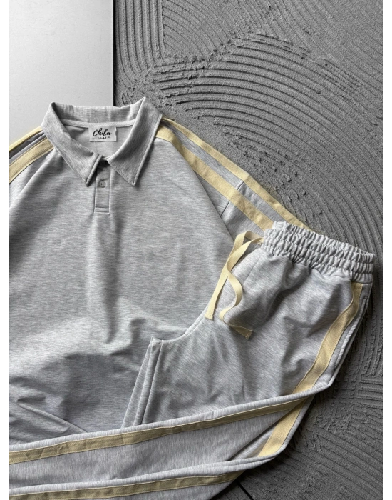 POLO YAKA 2 İPLİK KUMAS BASİC KOL HASIR SERİT TSHİRT TAKIM GRİ