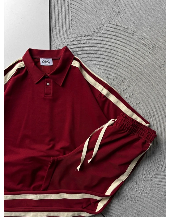 POLO YAKA 2 İPLİK KUMAS BASİC KOL HASIR SERİT TSHİRT TAKIM KIRMIZI