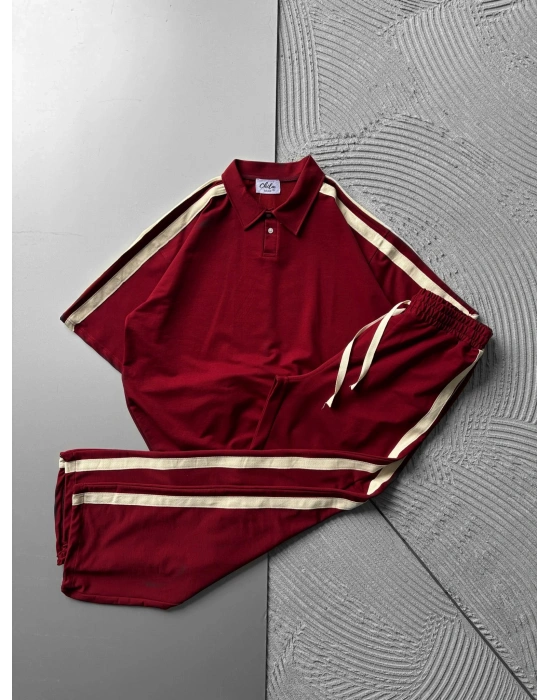 POLO YAKA 2 İPLİK KUMAS BASİC KOL HASIR SERİT TSHİRT TAKIM KIRMIZI