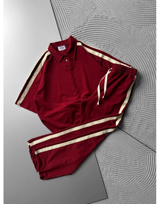 POLO YAKA 2 İPLİK KUMAS BASİC KOL HASIR SERİT TSHİRT TAKIM KIRMIZI