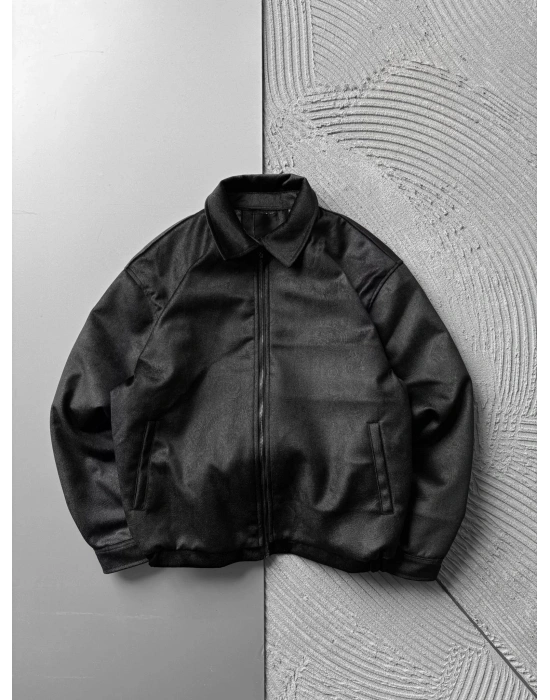 KENDİNDEN DESENLİ DOLUMLU SÜET CEKET SİYAH