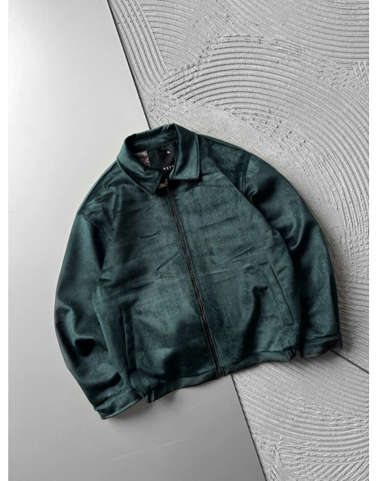 KENDİNDEN DESENLİ DOLUMLU SÜET CEKET YEŞİL