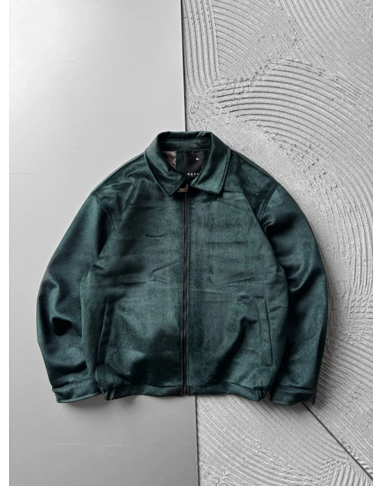 KENDİNDEN DESENLİ DOLUMLU SÜET CEKET YEŞİL