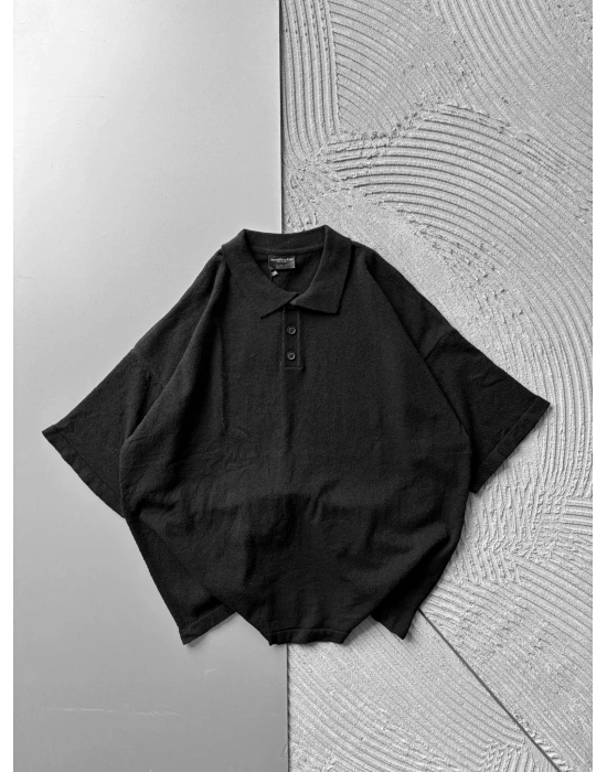 POLO YAKA HAVLU KUMAŞ OVERSİZE TSHİRT SİYAH
