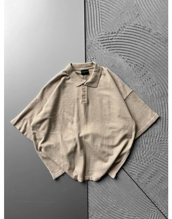 POLO YAKA HAVLU KUMAŞ OVERSİZE TSHİRT KREM