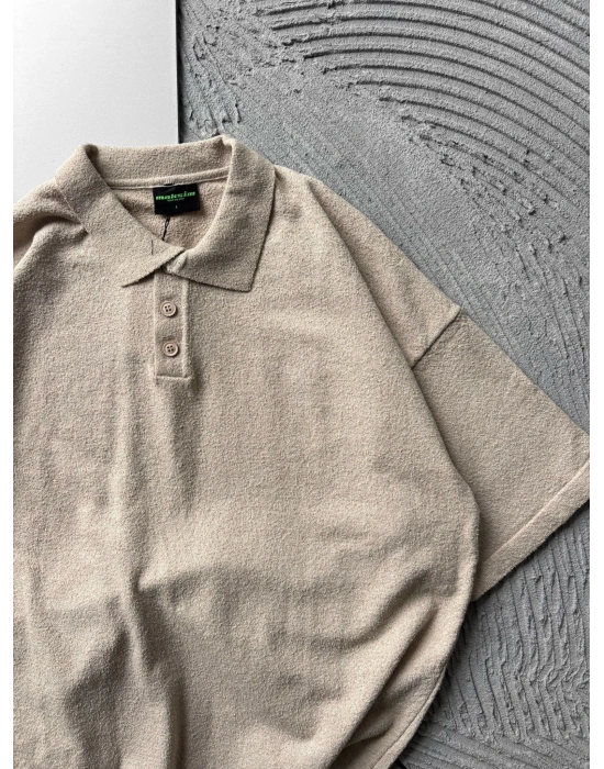 POLO YAKA HAVLU KUMAŞ OVERSİZE TSHİRT KREM