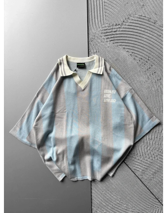 POLO YAKA TRİKO KUMAŞ WHAT OVERSİZE TSHİRT MAVİ